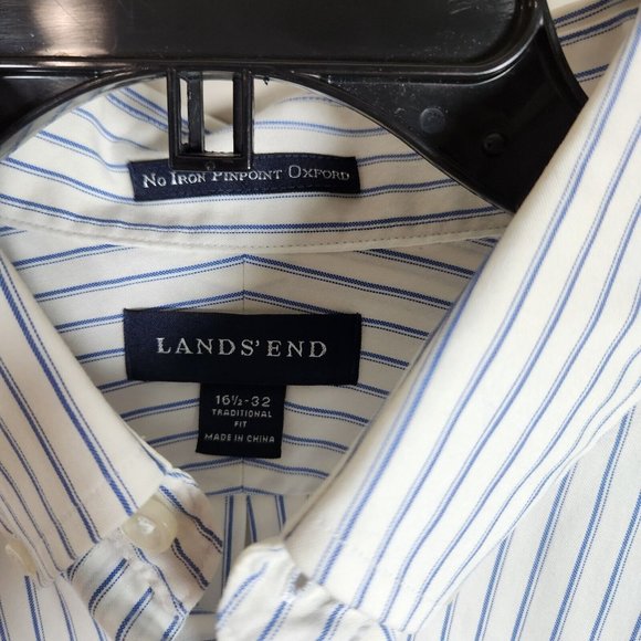 Lands' End Shirt Mens 16.5 32 Blue Striped Button Down No Iron Nautical Gorpcore - Picture 5 of 11
